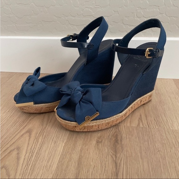 Pre Owned Tory Burch Navy Blue Bow Espadrille Wedge Sandals Sz 9 - Picture 3 of 8